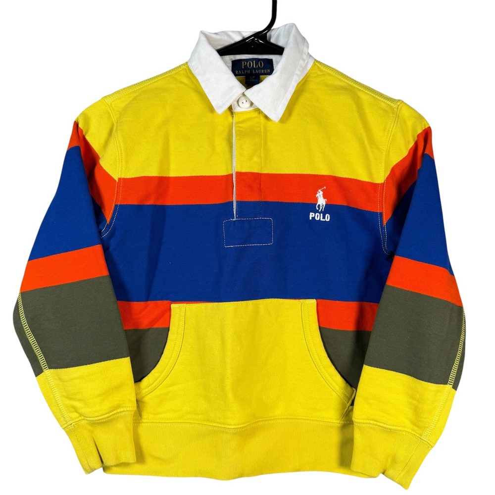 Polo Ralph Lauren Rugby Sweatshirt Kids 8 Small Yellow Striped‎ Fleece Pullover